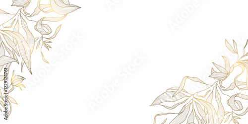 Vector golden line floral frame, line plant design, leaves decoration banner, luxury art wedding wallpaper. Spring, summer flower corners template