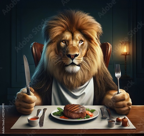 A male lion, a maned lion, sits hungrily with knife and fork in front of a steak, AI generated, AI generated photo