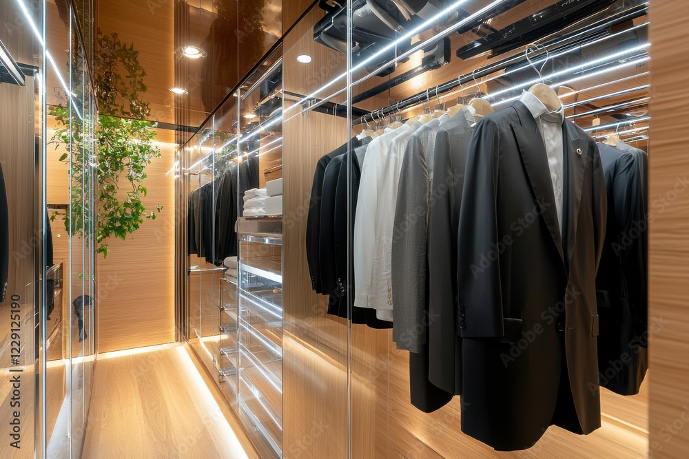 Modern wardrobe with suits and elegant design elements. Modern wardrobe with suits and elegant design elements.