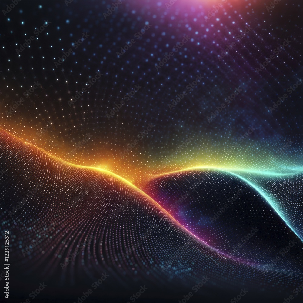 Ethereal digital waves of blue and orange light stretch across the horizon, glowing with particles, AI generated Ethereal digital waves of blue and orange light stretch across the horizon, glowing with particles, AI generated