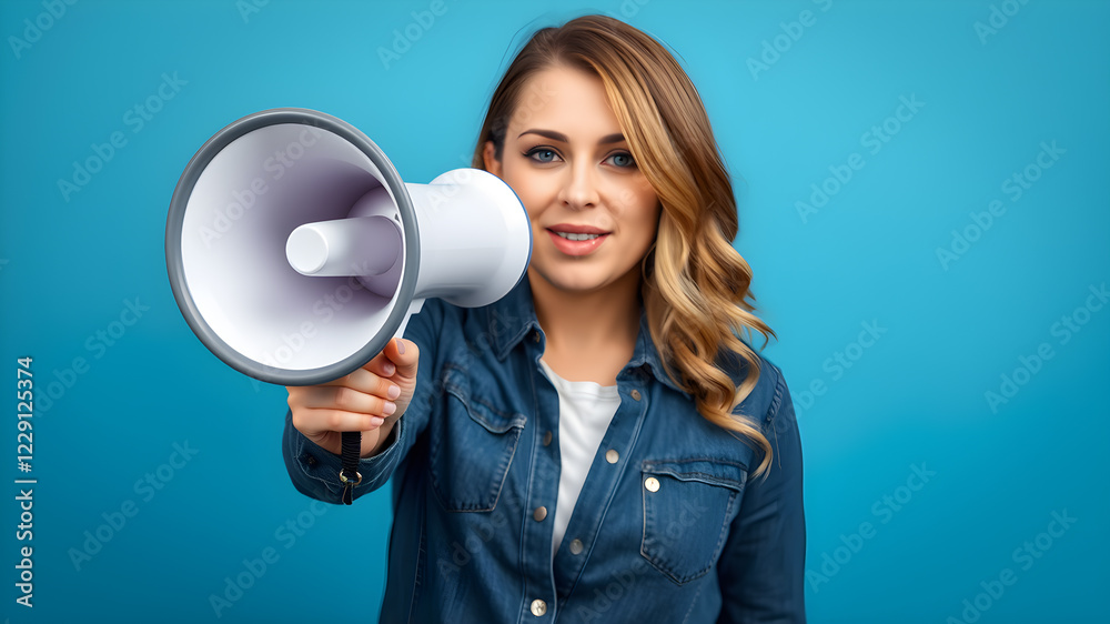 Woman holding megaphone speaker on blue background, closeup. Space for text. Generative AI Woman holding megaphone speaker on blue background, closeup. Space for text. Generative AI