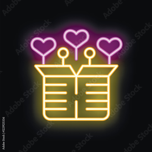 Neon sign representing a gift box full of love with hearts coming out of it, perfect for valentine's day