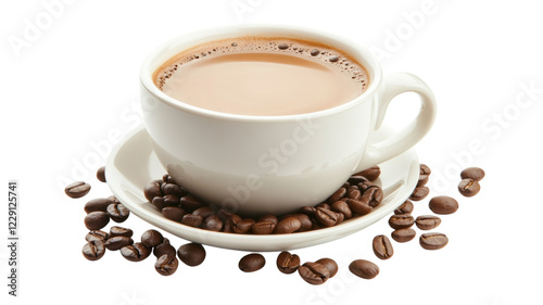 Warm cup of coffee surrounded by roasted beans on a clean white background in the morning light