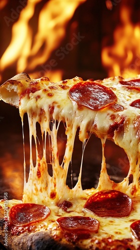 Slice of pepperoni pizza with melting cheese and fire background.