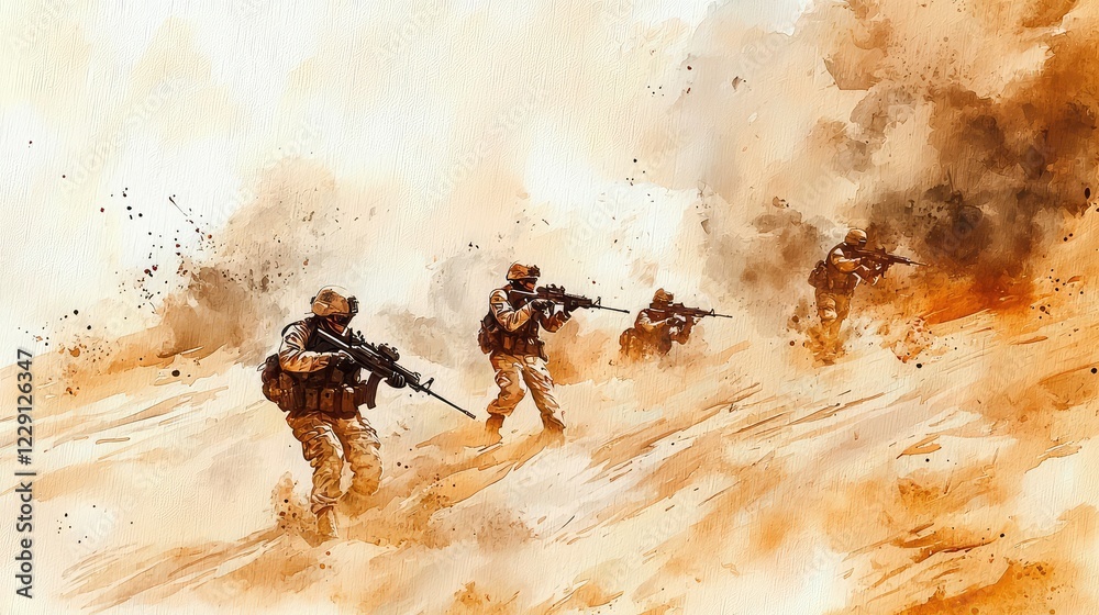 Obraz premium Soldiers Advancing Through Dusty Landscape in Dynamic Combat Scene