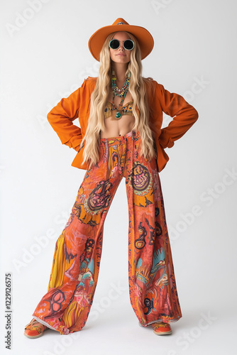 Full body female dressed in vibrant hippy attire showcases unique style with colorful patterns against a plain background