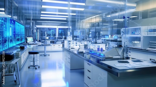Modern Scientific Laboratory: A sterile, high-tech laboratory bathed in cool blue light, showcasing advanced scientific equipment and a clean, organized workspace.