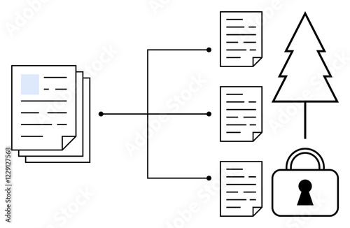 Stack of documents branching into individual pages, tree, and padlock connected by lines. Ideal for data organization, privacy, security, eco-friendly practices, conservation, workflows information