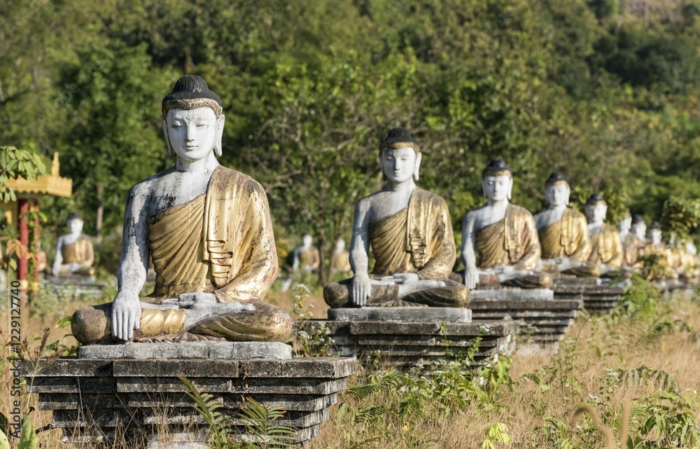 Row of Buddha statues in Lumbini Garden under Mt Zwegabin, Hpa-an, Karen, Kayin State, Myanmar, Asia Row of Buddha statues in Lumbini Garden under Mt Zwegabin, Hpa-an, Karen, Kayin State, Myanmar, Asia
