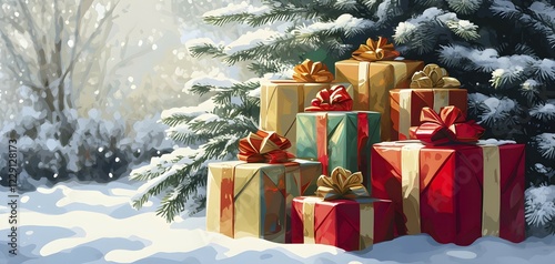 Abstract illustration of wrapped Christmas gifts, shiny ribbons and bows, stacked under a snow-dusted evergreen tree in a snowy outdoor setting, AI generated