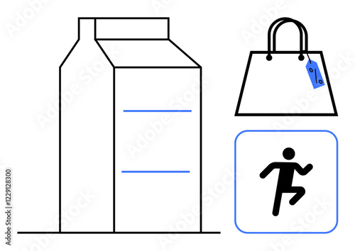 Black and white milk carton, shopping bag with a blue tag, running figure icon. Ideal for shopping, groceries, dairy products, consumer goods, fitness healthy living retail. Abstract line flat