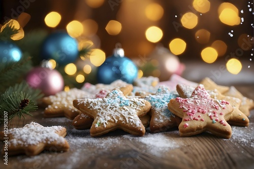 A detailed shot of Christmas cookies on a wooden table, featuring star-shaped cookies with colorful icing, sprinkles, and powdered sugar, AI generated