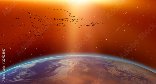 Fototapeta Naklejka Na Ścianę i Meble -  A group of migratory birds migrating towards the Moon 