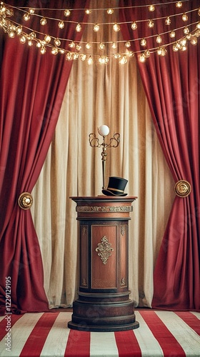 Stage with hat on podium, red curtains, light strings.