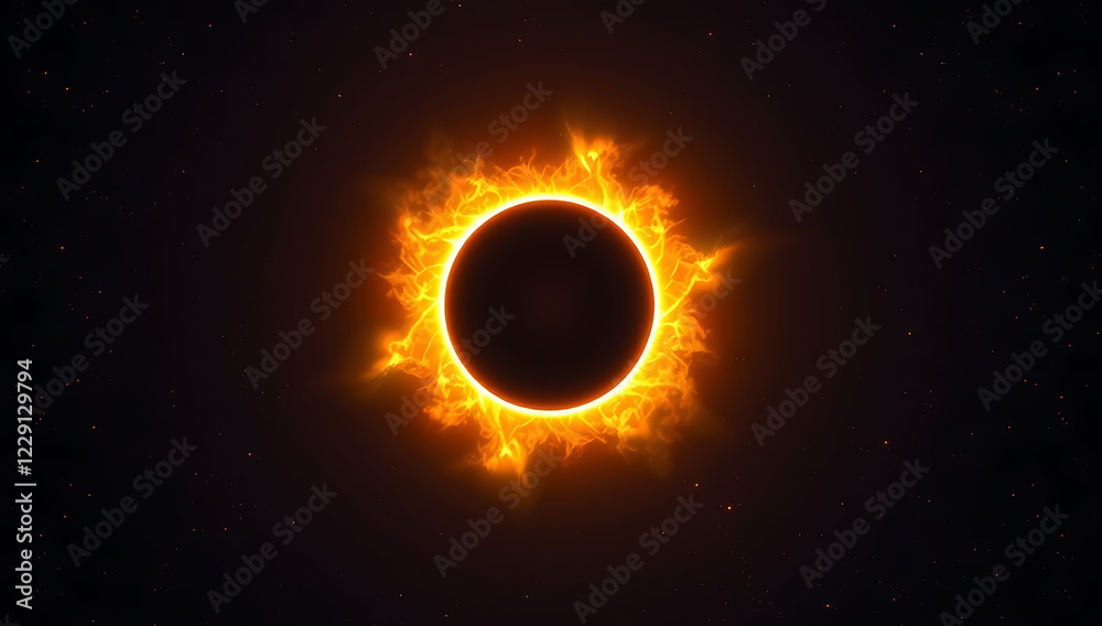 Obraz premium A mesmerizing depiction of a solar eclipse with an intense halo effect, where the glowing corona burns with fiery orange and gold light against a dark cosmic sky.