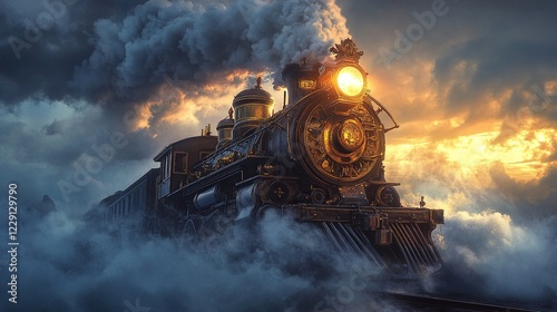 Steam train travels through foggy sky at sunset.