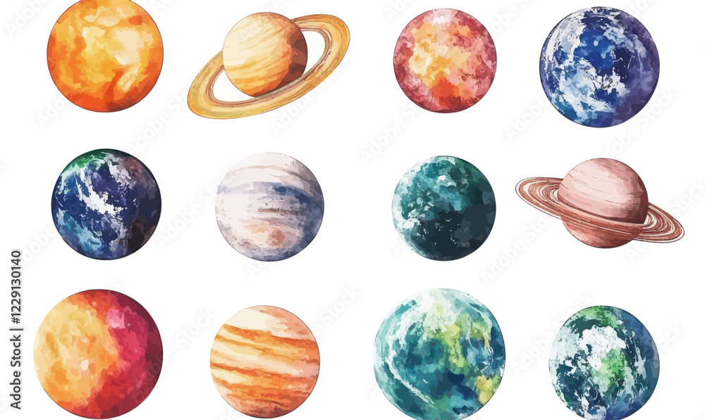 Watercolor Solar System Planets Vector Illustration Set Galaxy Universe Clipart