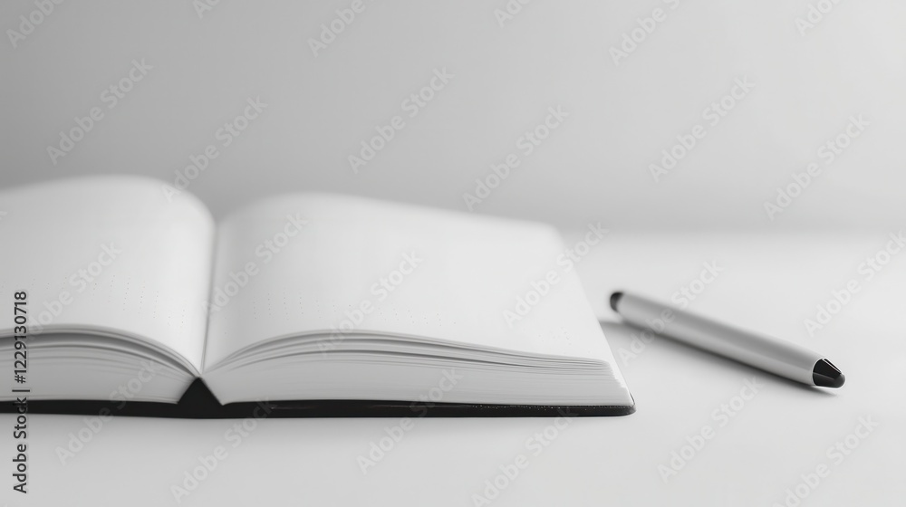 Open blank notebook and pen table minimalist workspace still life modern office close-up creativity and planning Open blank notebook and pen table minimalist workspace still life modern office close-up creativity and planning