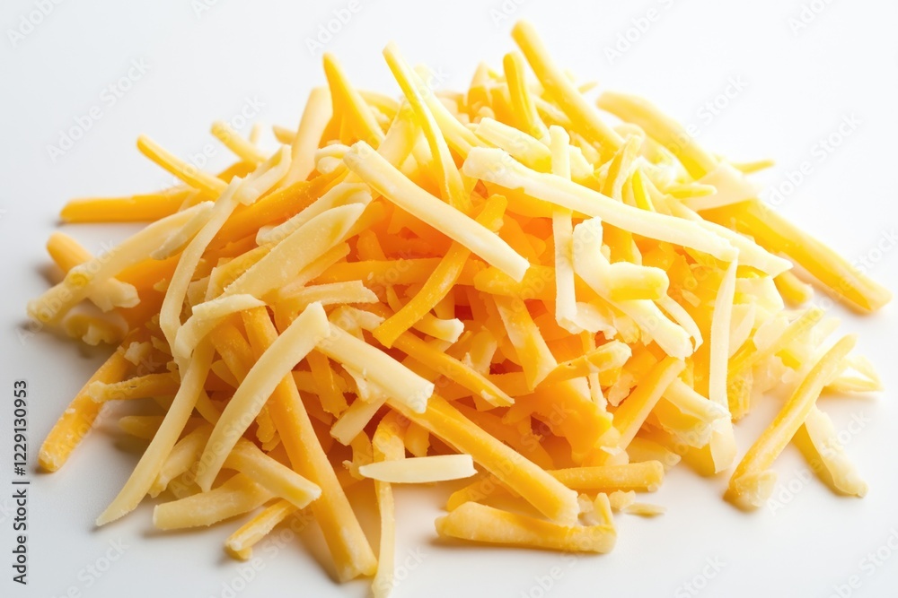 A close-up shot of a pile of shredded cheese on a white surface, perfect for use in food-related contexts A close-up shot of a pile of shredded cheese on a white surface, perfect for use in food-related contexts