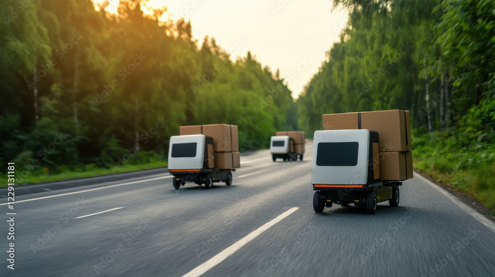 Electric delivery vehicles moving on a highway, surrounded by lush greenery, showcasing a modern approach to sustainable logistics and transportation. Electric delivery vehicles moving on a highway, surrounded by lush greenery, showcasing a modern approach to sustainable logistics and transportation.