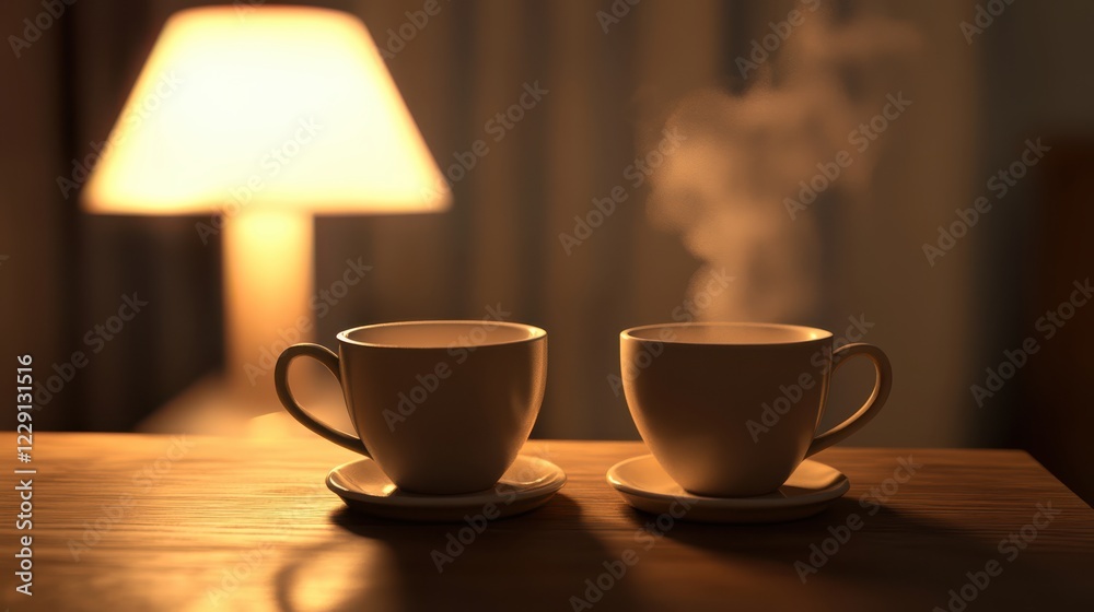 Obraz premium Two matching coffee mugs on wooden table near glowing lamp steam