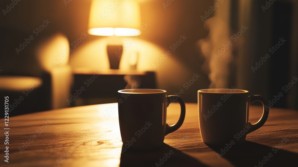 Obraz premium Two matching coffee mugs on wooden table near glowing lamp steam