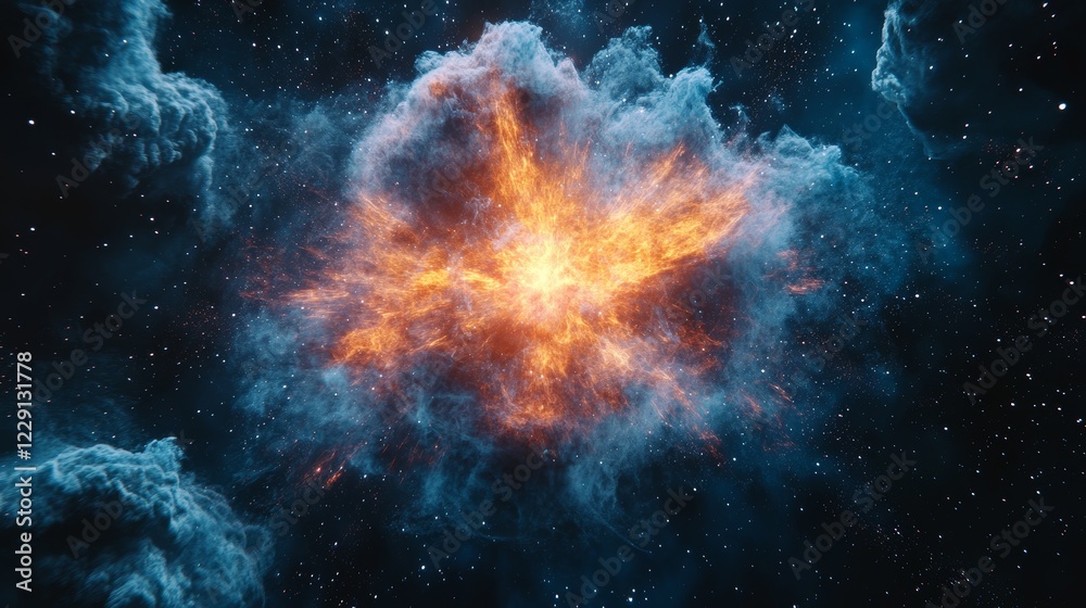 Fototapeta premium A large, bright orange star is surrounded by a cloud of blue and white. The star is the center of attention, with the blue and white clouds surrounding it like a halo