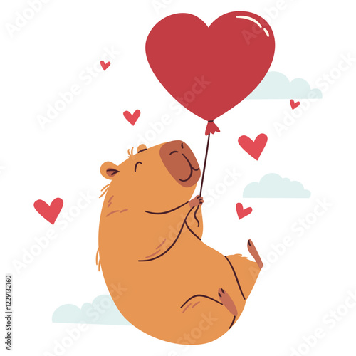 Flat vector illustration in a simple children's style. A cute capybara is flying on heart-shaped balloons. Valentine's Day Holiday. Vector illustration