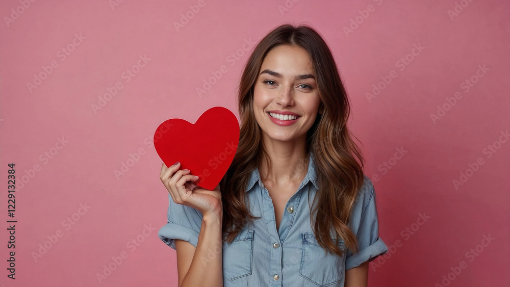 Woman holding read valentines day heart on pink background, smiling Woman holding read valentines day heart on pink background, smiling