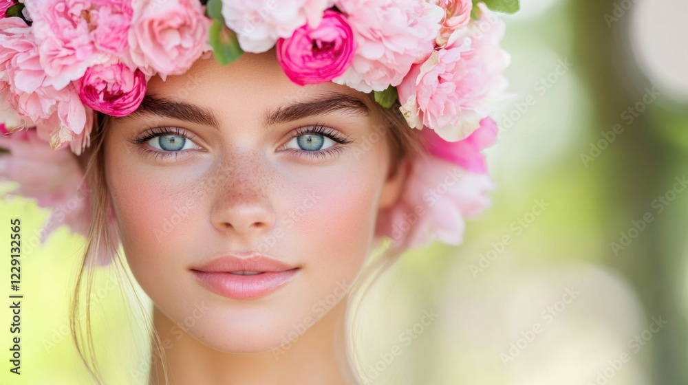 A young woman with a delicate floral headpiece stands serenely in nature, surrounded by soft light, showcasing her radiant features and beauty A young woman with a delicate floral headpiece stands serenely in nature, surrounded by soft light, showcasing her radiant features and beauty