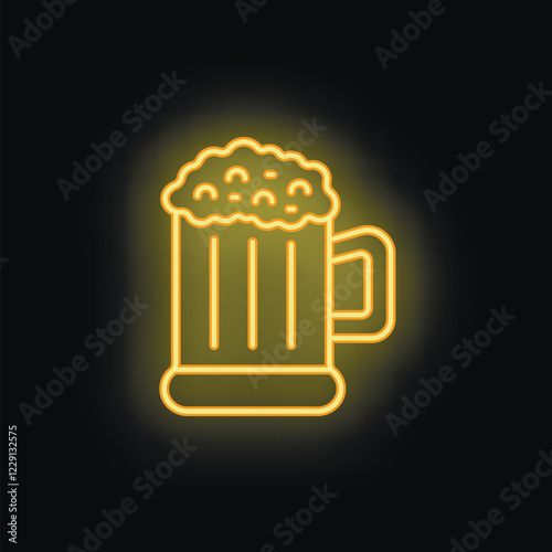 Bright yellow neon sign of an overflowing beer glass is shining on a black background