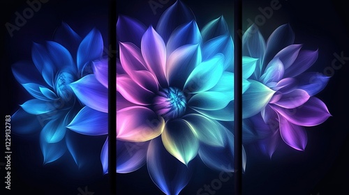 Triptych of vibrant, glowing flowers in blue, purple, and teal hues.