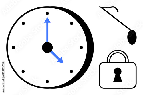 Clock with blue arrows indicating time, magnifying glass highlighting detail, and lock symbolizing security and protection. Ideal for time management, research, investigation, security, analysis