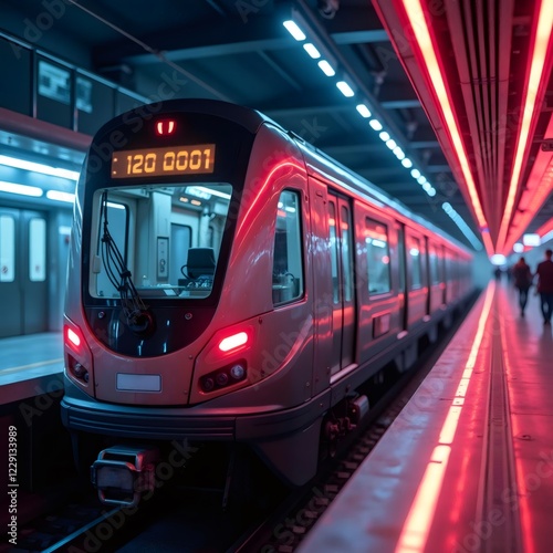 Futuristic Subway Station with Vibrant Red and Blue Illuminated Train Awaiting Departure