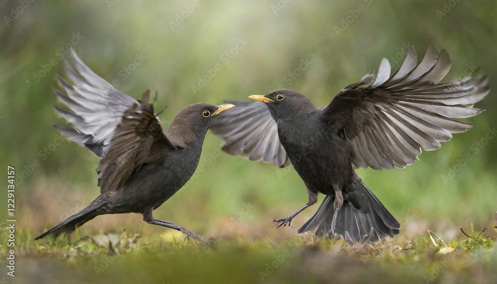 Animal, bird, blackbird, Turdus merula, two birds fight, fight, AI generated, AI generated Animal, bird, blackbird, Turdus merula, two birds fight, fight, AI generated, AI generated