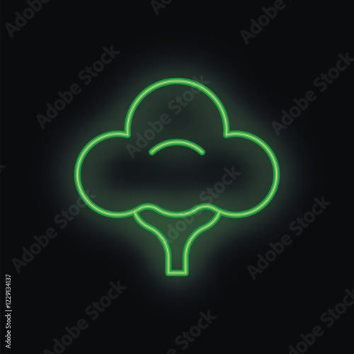 Green neon sign shaped like a broccoli vegetable on a black background