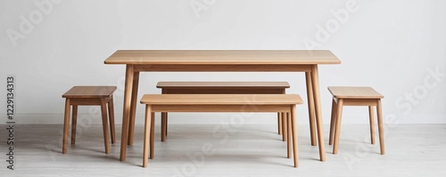 Minimalist teak dining table with matching streamlined benches