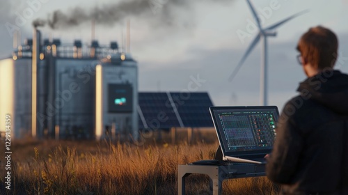 Off-grid e-methanol production powered by wind farm and solar panels in the background, with an engineer using a laptop in the right corner to analyze data.