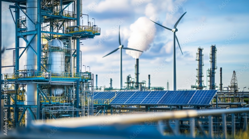 Off-grid e-methanol production using energy from wind farms and solar panels in the background. Off-grid e-methanol production using energy from wind farms and solar panels in the background.
