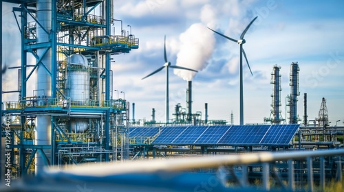 Off-grid e-methanol production using energy from wind farms and solar panels in the background.