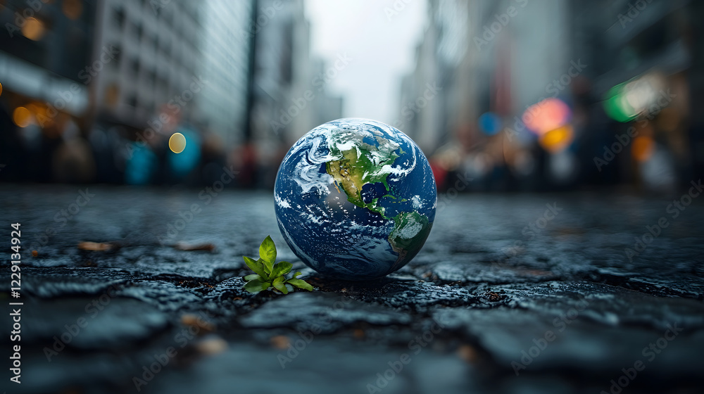 A globe resting on a street, surrounded by a blurred city backdrop, symbolizing environmental awareness and urban life A globe resting on a street, surrounded by a blurred city backdrop, symbolizing environmental awareness and urban life