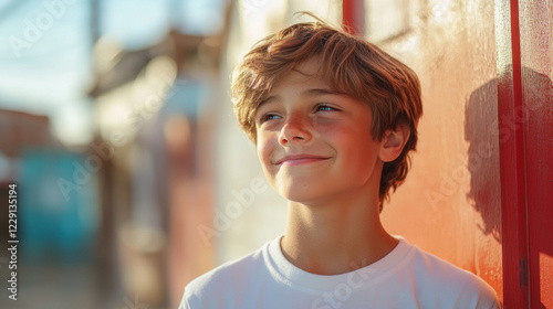 smiling middle school boy with tousled hair stands against colorful wall, radiating joy and confidence. warm sunlight enhances cheerful atmosphere