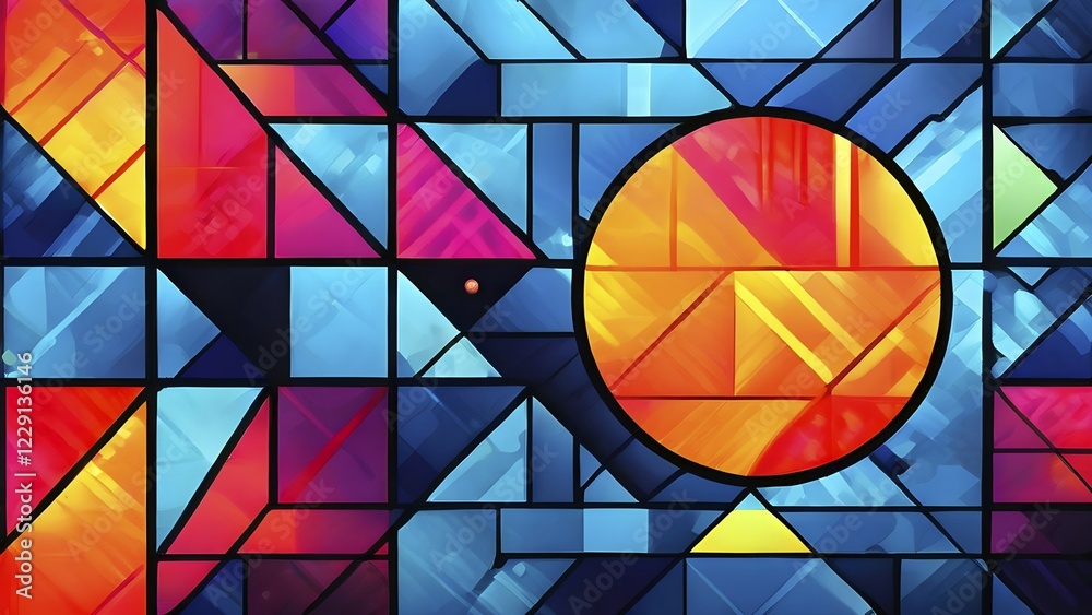 Fototapeta premium Abstract geometric patchwork illustration with vibrant intersecting geometric shapes filled with digital pattern, AI generated