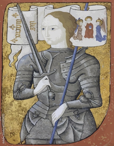 Saint Joan of Arc illustrated illumination in colour. Joan D'Arc in armour holding a sword. Sainted and now a feminist icon