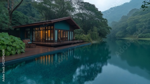 Perched on edge of a tranquil, glistening lake, eco-friendly bungalow  and panoramic view of surrounding lush greenery, with morning sun.
