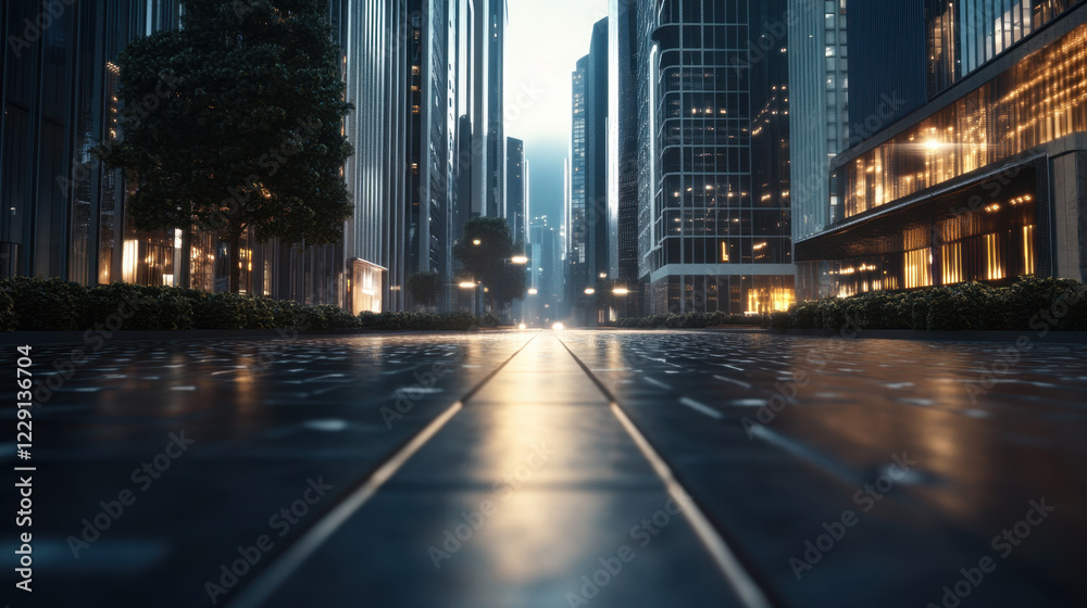 Obraz premium wide street with modern buildings, illuminated at night, showcasing vibrant urban atmosphere. sleek architecture reflects sustainable design, creating captivating cityscape