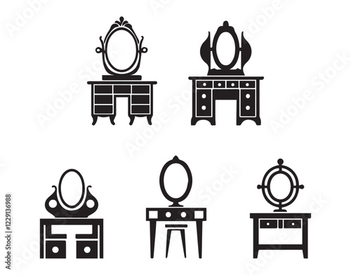 Collection of silhouettes of a dressing table. Template for stencils. A table for cosmetics. Vector illustration.