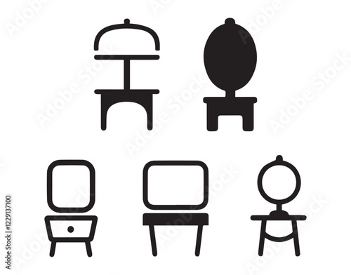 Collection of silhouettes of a dressing table. Template for stencils. A table for cosmetics. Vector illustration.