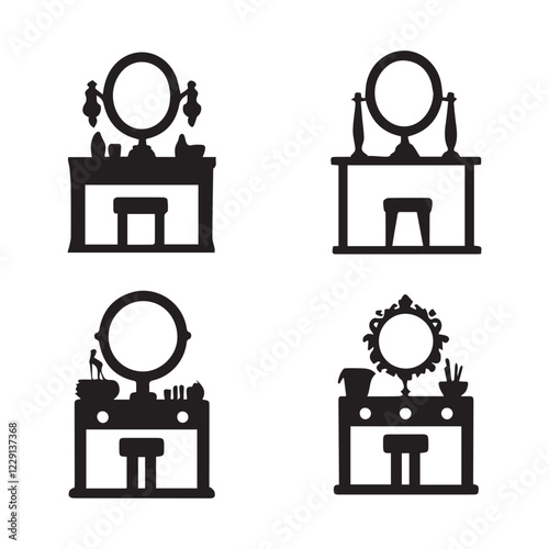 Collection of silhouettes of a dressing table. Template for stencils. A table for cosmetics. Vector illustration.