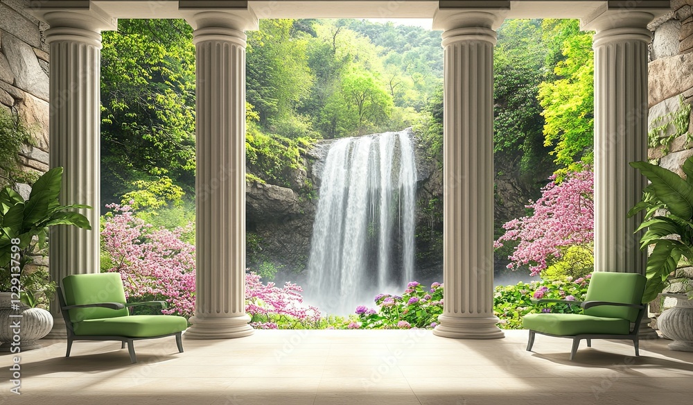 Fototapeta premium 3D wall mural, large window with a view of a waterfall and green chairs on the porch, stone columns, spring flowers 